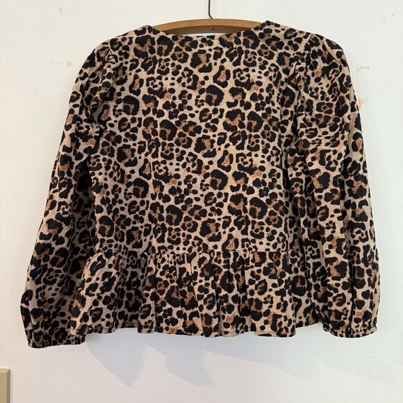 Sim & Sam Leopard Print Babydoll Peplum Tie Front Long Puff Sleeve Boho Top NWT - Picture 6 of 6